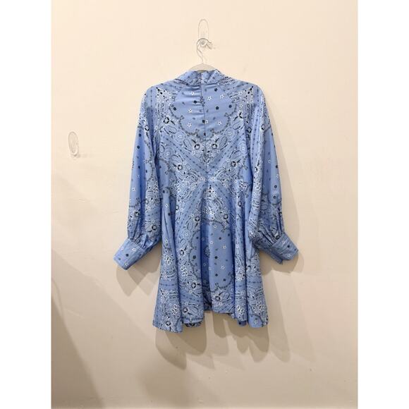 Bandana Paisley Print Long Sleeve Button-Front Shirt Mini Dress Blue Women's M - Picture 2 of 3